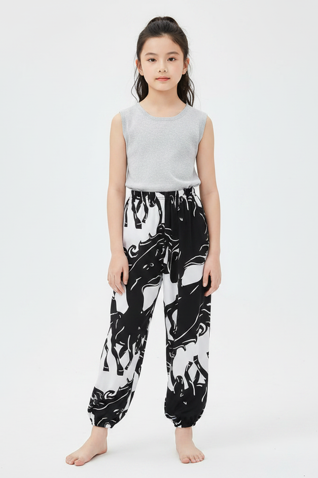Pantalon Chinois Noir Blanc Imprimé Cheval Fluide Fille - Viscose