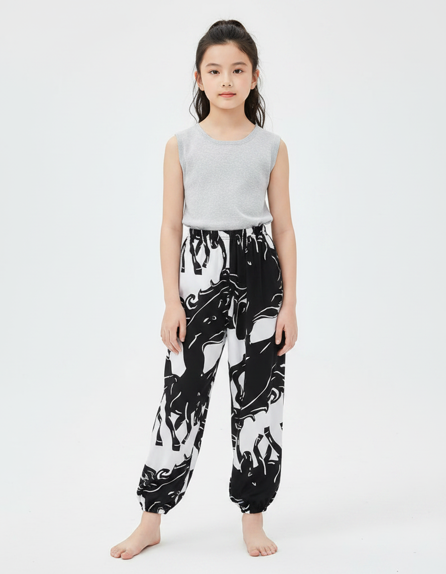 Pantalon Chinois Noir Blanc Imprimé Cheval Fluide Fille - Viscose