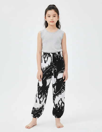 Pantalon Chinois Noir Blanc Imprimé Cheval Fluide Fille - Viscose