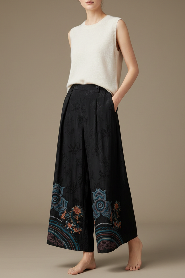 Pantalon Chinois Noir Brodé Ethnique Ample Fluide - Viscose