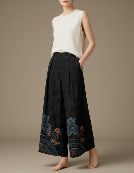 Pantalon Chinois Noir Brodé Ethnique Ample Fluide - Viscose