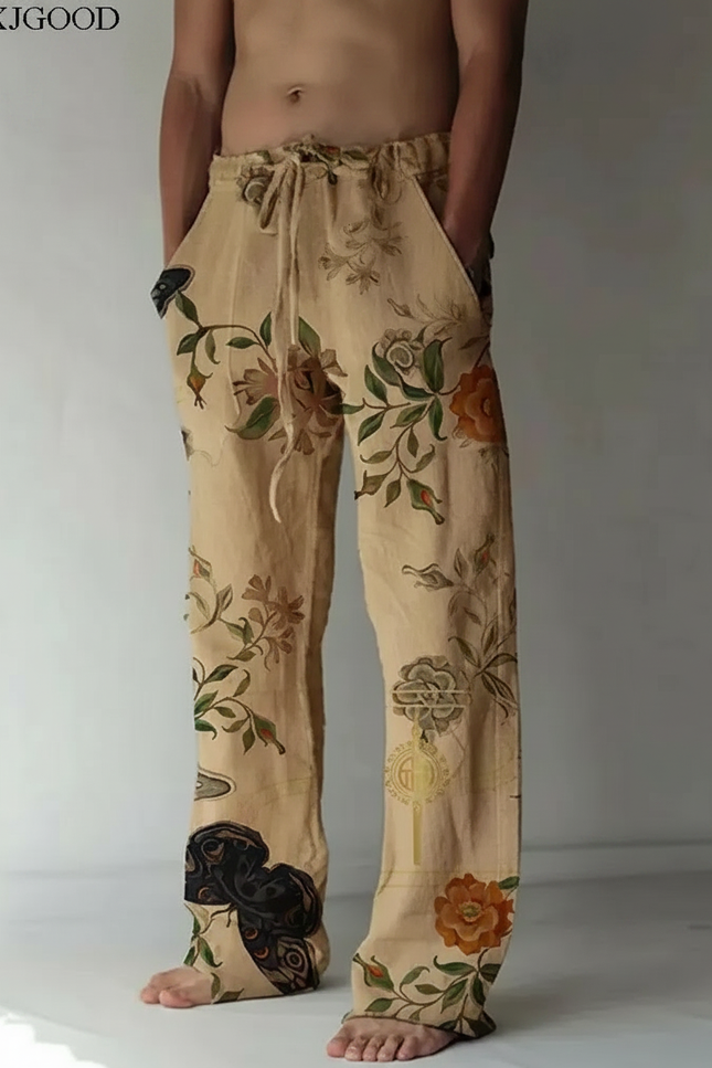 Pantalon Chinois Beige Fleurie Ample Lin Homme