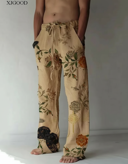 Pantalon Chinois Beige Fleurie Ample Lin Homme