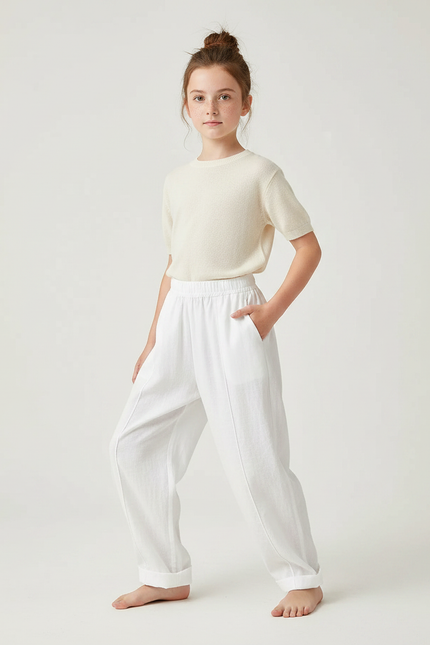 Pantalon Chinois Blanc Ample Lin Fluide Enfant