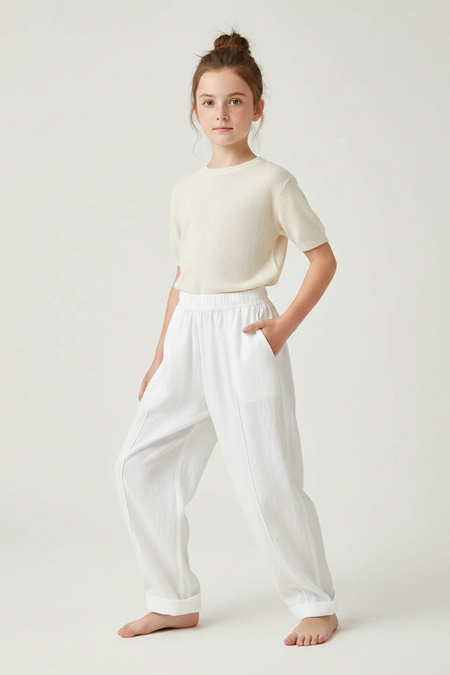 Pantalon Chinois Blanc Ample Lin Fluide Enfant