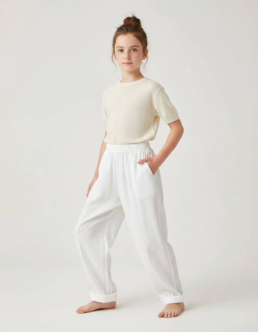Pantalon Chinois Blanc Ample Lin Fluide Enfant