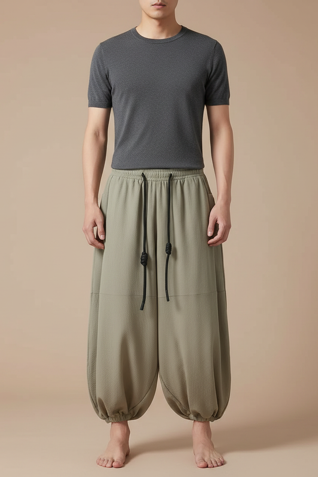 Pantalon Chinois Harem Vert Ample Cordon Décontracté Homme - Kaki Polyester