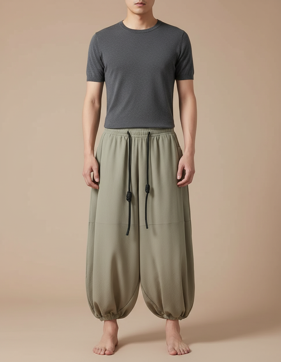 Pantalon Chinois Harem Vert Ample Cordon Décontracté Homme - Kaki Polyester