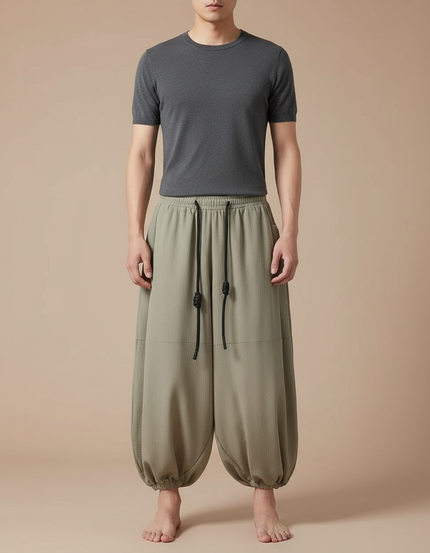 Pantalon Chinois Harem Vert Ample Cordon Décontracté Homme - Kaki Polyester