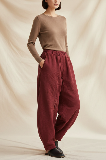 Pantalon Chinois Rouge Ample Coton Lantern Femme - Bordeaux