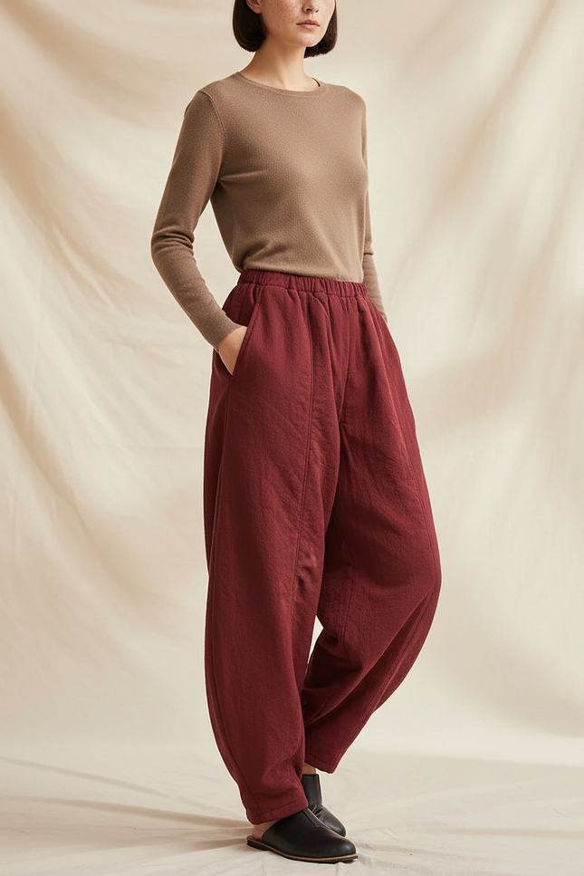 Pantalon Chinois Rouge Ample Coton Lantern Femme - Bordeaux