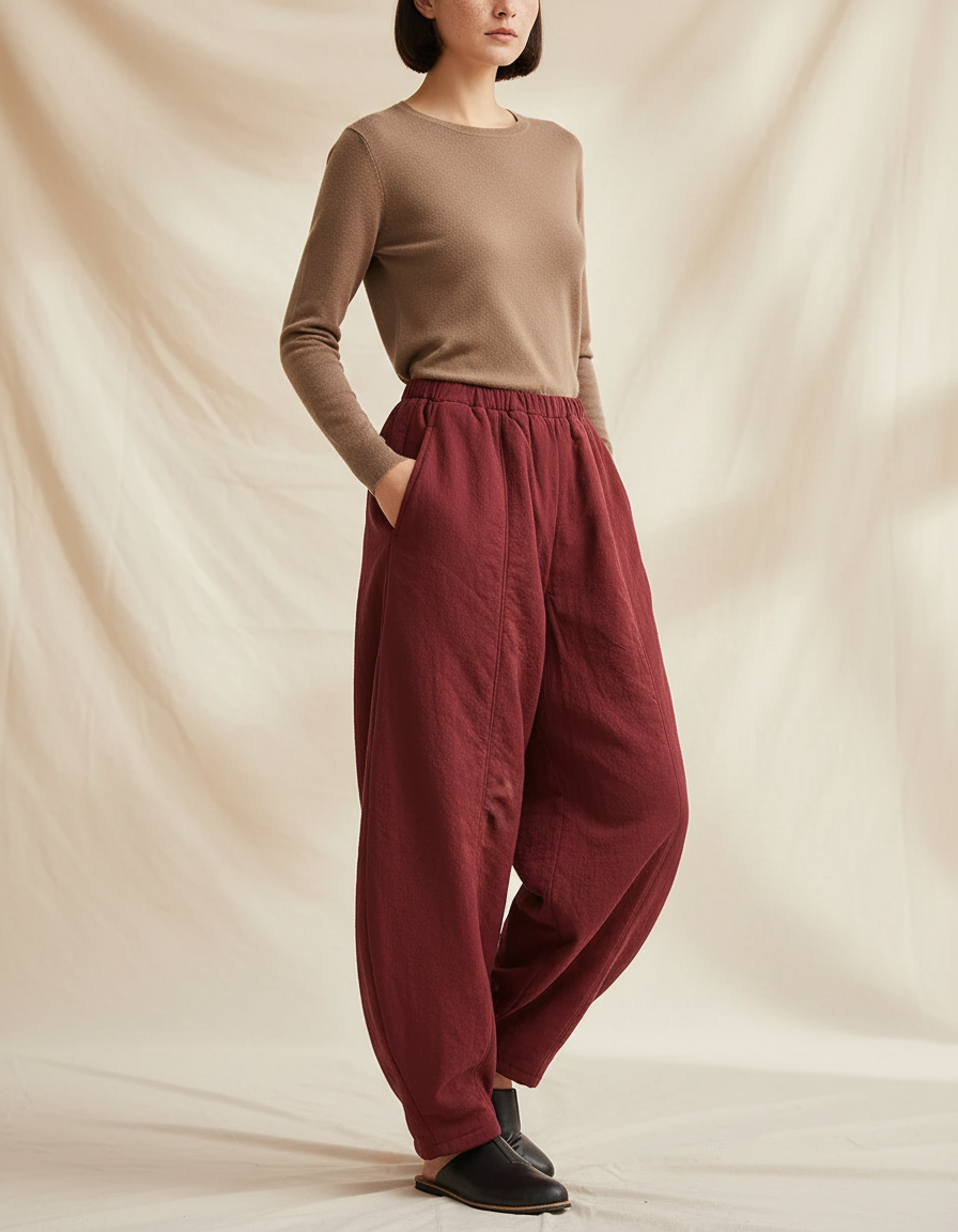 Pantalon Chinois Rouge Ample Coton Lantern Femme - Bordeaux