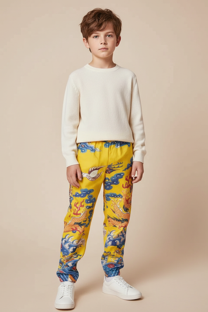 Pantalon Chinois Jaune Dragon Ample Streetwear Garçon - Satin