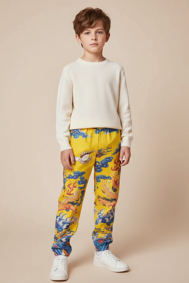 Pantalon Chinois Jaune Dragon Ample Streetwear Garçon - Satin