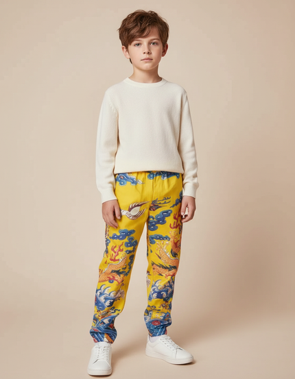 Pantalon Chinois Jaune Dragon Ample Streetwear Garçon - Satin