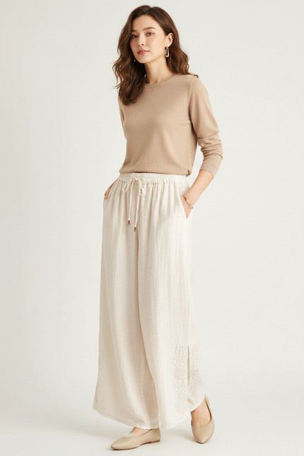 Pantalon Chinois Crème Ample Lin Brodé Traditionnel - Beige