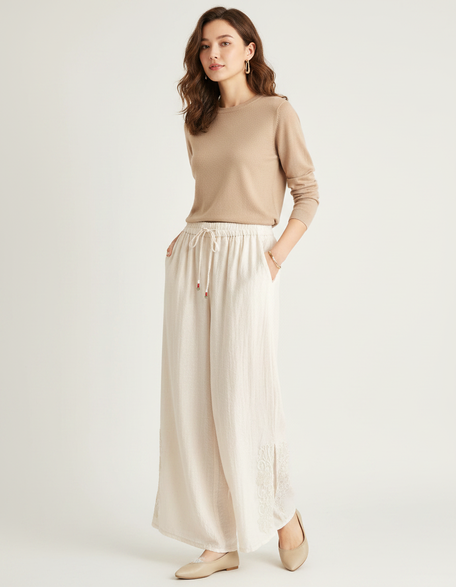 Pantalon Chinois Crème Ample Lin Brodé Traditionnel - Beige