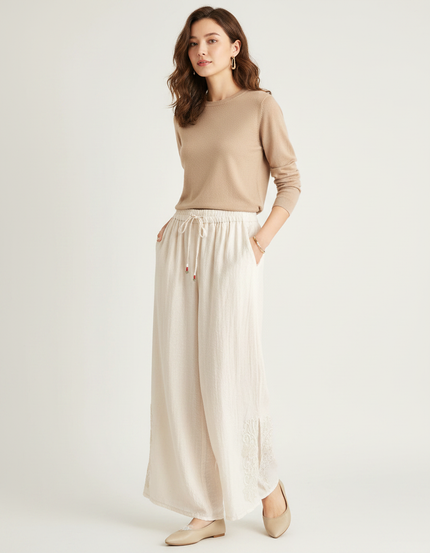 Pantalon Chinois Crème Ample Lin Brodé Traditionnel - Beige