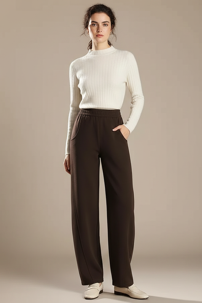 Pantalon Chinois Marron Ample Fluide Confortable Femme - Molleton