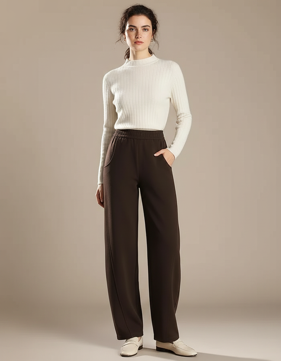 Pantalon Chinois Marron Ample Fluide Confortable Femme - Molleton