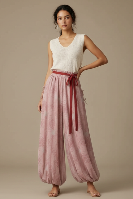 Pantalon Chinois Rose Fluide Ample Imprimé Femme - Viscose