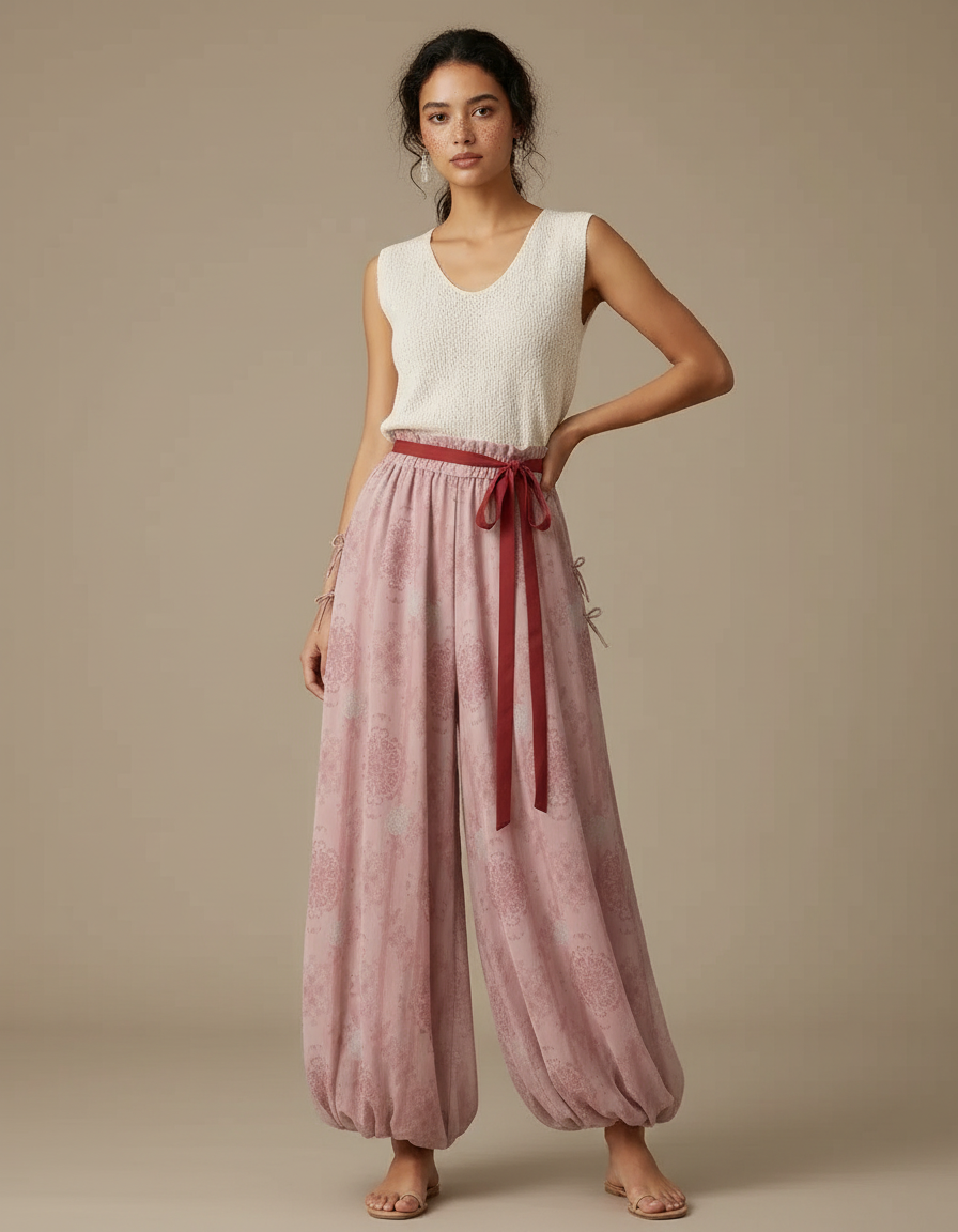 Pantalon Chinois Rose Fluide Ample Imprimé Femme - Viscose