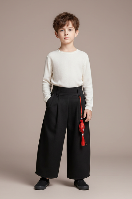 Pantalon Chinois Noir Ample Plissé Décoratif Enfant - Gabardine