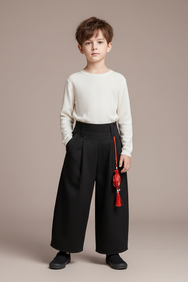 Pantalon Chinois Noir Ample Plissé Décoratif Enfant - Gabardine