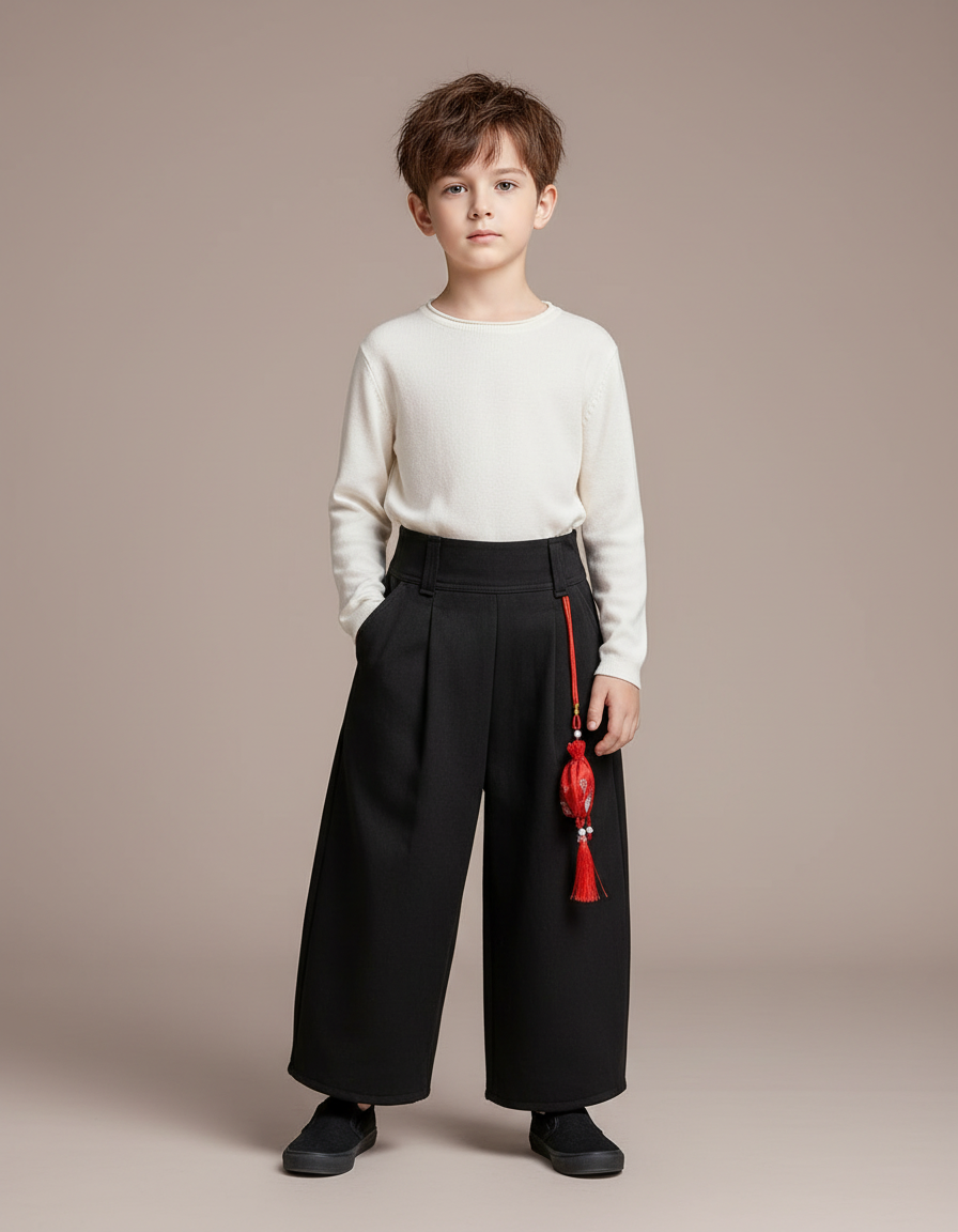 Pantalon Chinois Noir Ample Plissé Décoratif Enfant - Gabardine