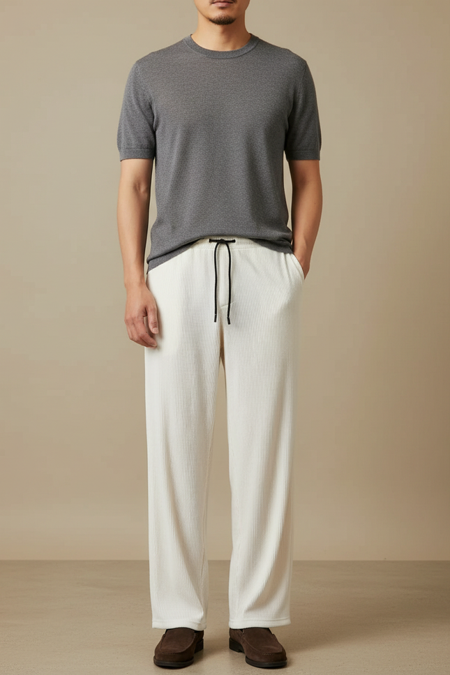 Pantalon Chinois Blanc Plissé Ample Décontracté Homme - Cordé