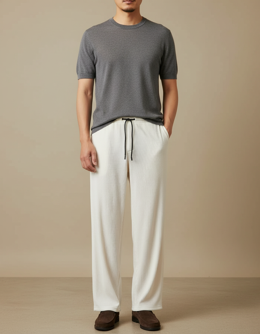 Pantalon Chinois Blanc Plissé Ample Décontracté Homme - Cordé