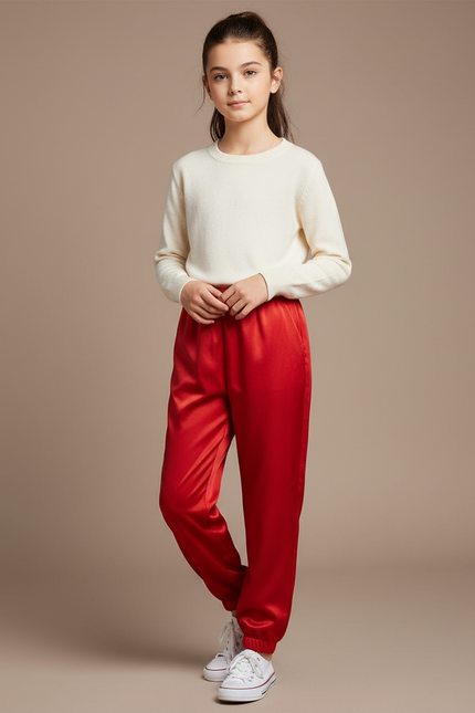Pantalon Chinois Rouge Satiné Jogger Enfant Fille