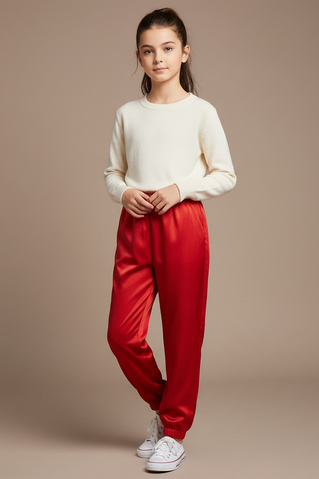 Pantalon Chinois Rouge Satiné Jogger Enfant Fille