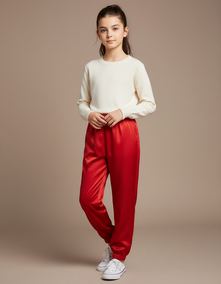 Pantalon Chinois Rouge Satiné Jogger Enfant Fille