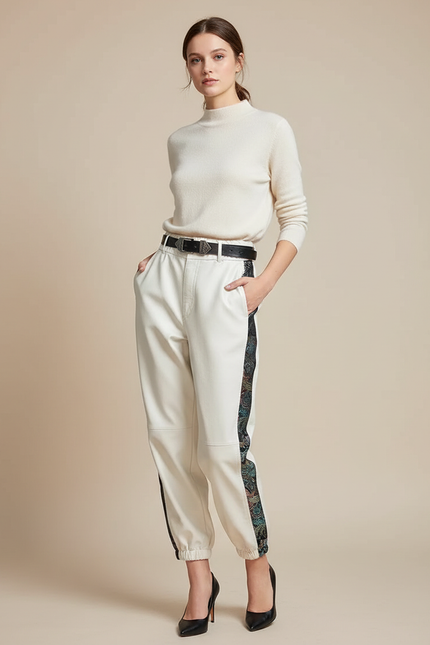 Pantalon Chinois Cuir Écru Imprimé Ample Femme - Beige