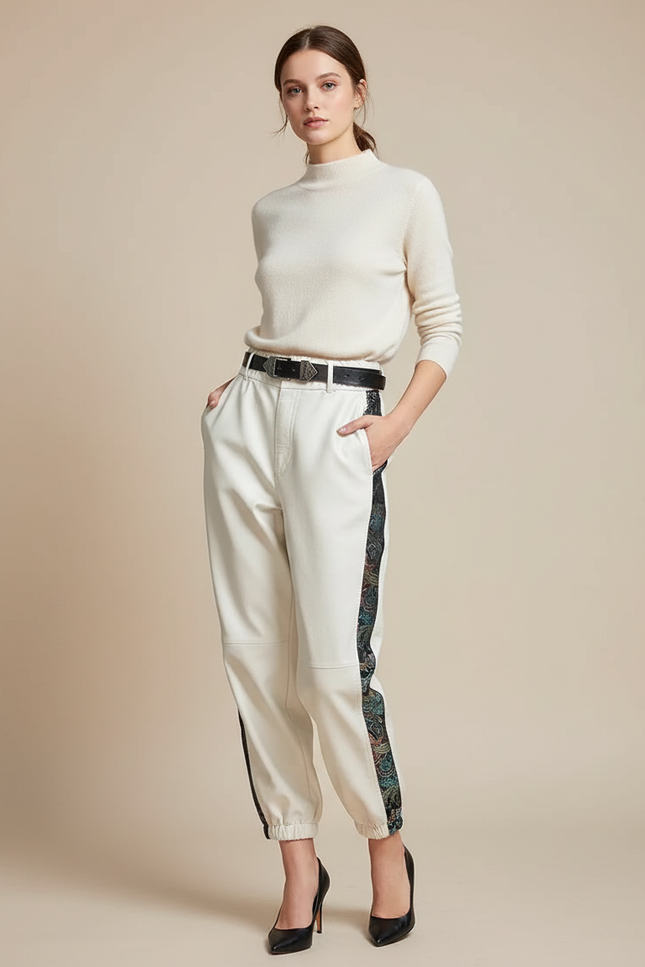 Pantalon Chinois Cuir Écru Imprimé Ample Femme - Beige