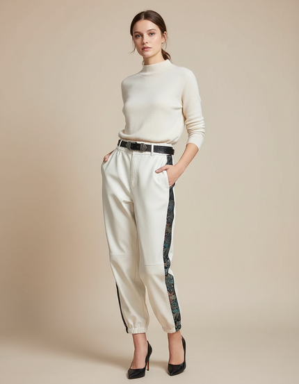 Pantalon Chinois Cuir Écru Imprimé Ample Femme - Beige