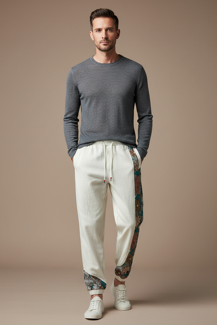 Pantalon Chinois Crème Brodé Ample Décontracté Ethnique - Beige Toile