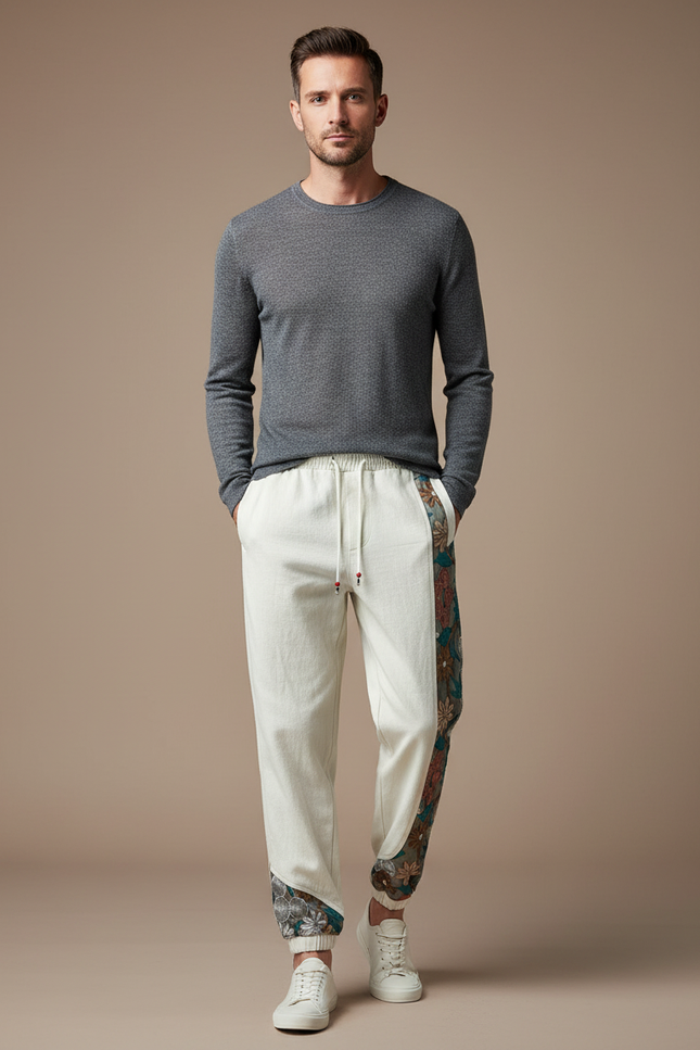 Pantalon Chinois Crème Brodé Ample Décontracté Ethnique - Beige Toile