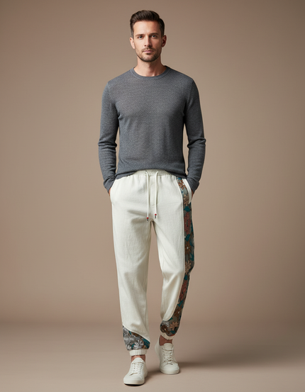 Pantalon Chinois Crème Brodé Ample Décontracté Ethnique - Beige Toile
