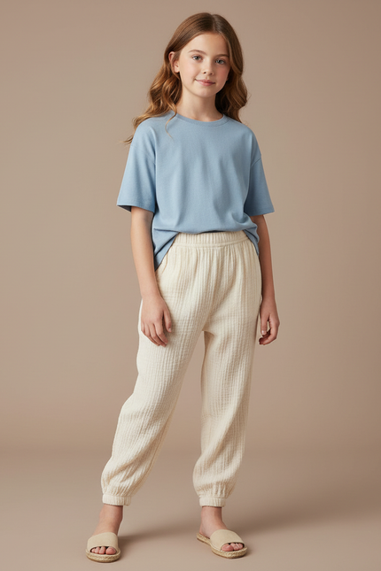 Pantalon Chinois Crème Ample Côtelé Enfant - Beige Cordé