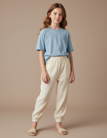 Pantalon Chinois Crème Ample Côtelé Enfant - Beige Cordé