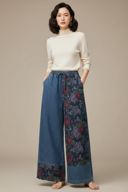 Pantalon Chinois Denim Floral Ample Vintage Élastique - Multicolore Jean