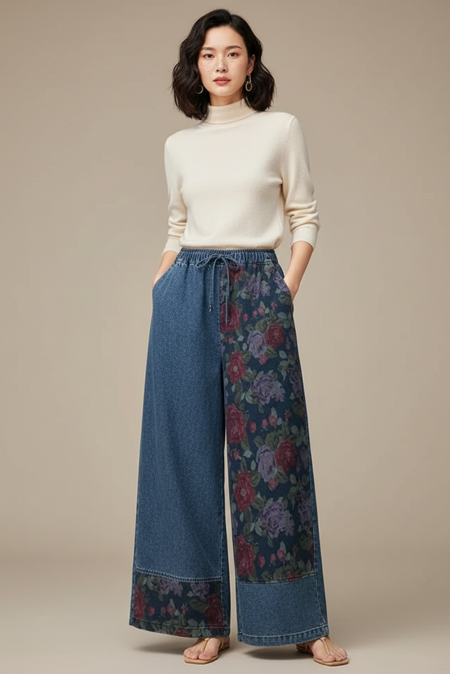 Pantalon Chinois Denim Floral Ample Vintage Élastique - Multicolore Jean