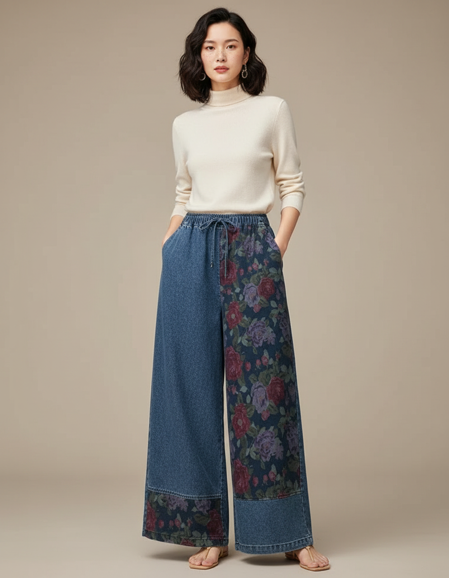Pantalon Chinois Denim Floral Ample Vintage Élastique - Multicolore Jean