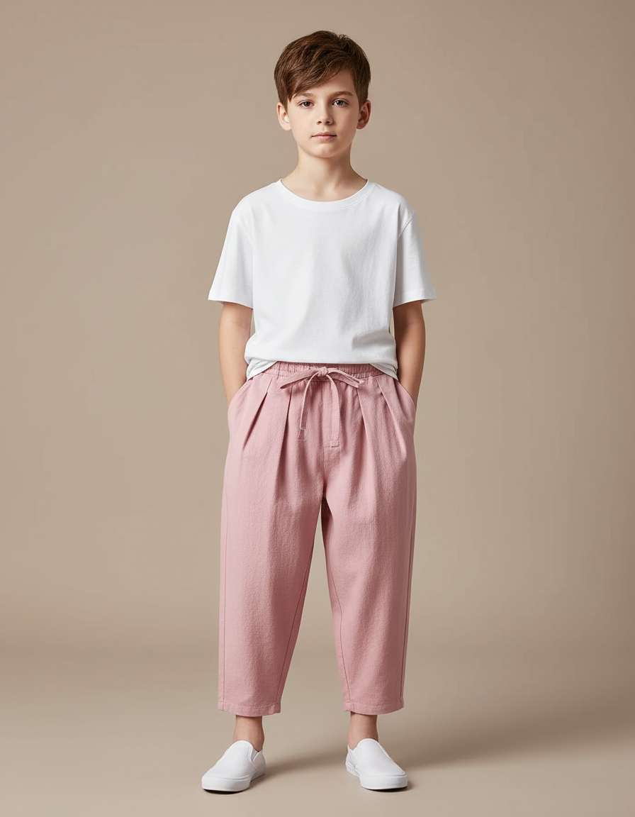 Pantalon Chinois Rose Ample Coton Plissé Enfant