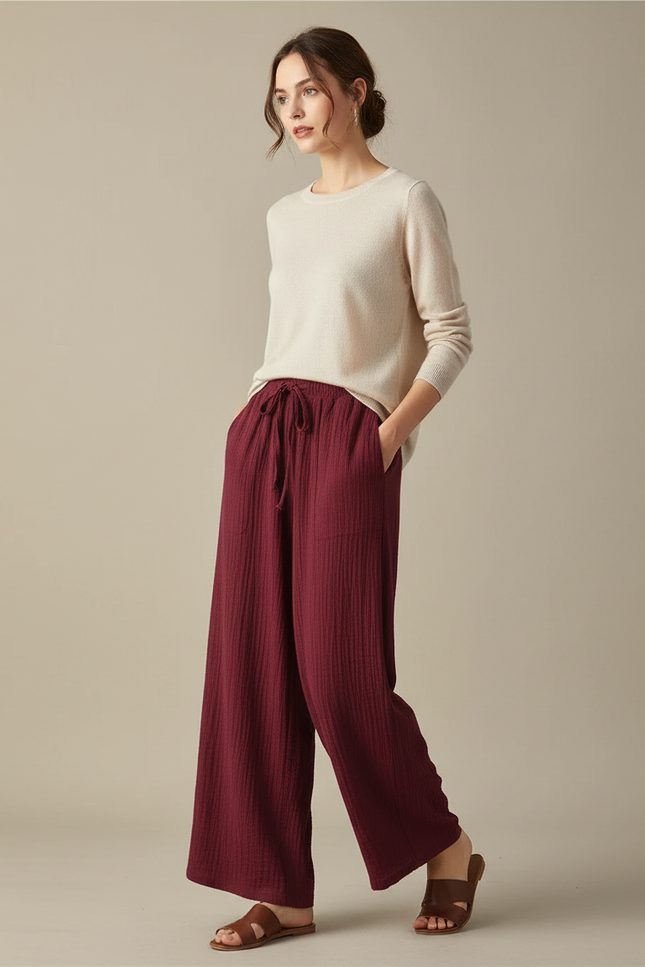 Pantalon Chinois Bordeaux Ample Coton Fluide Décontracté