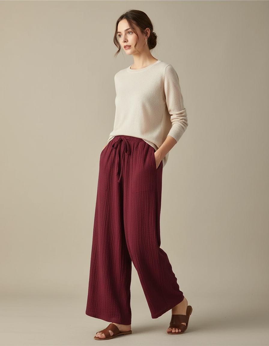 Pantalon Chinois Bordeaux Ample Coton Fluide Décontracté