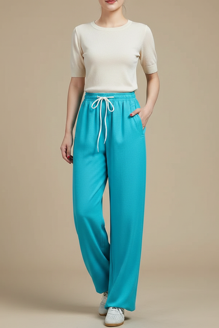 Pantalon Chinois Turquoise Ample Cordon Décontracté Femme - Bleu Polyester