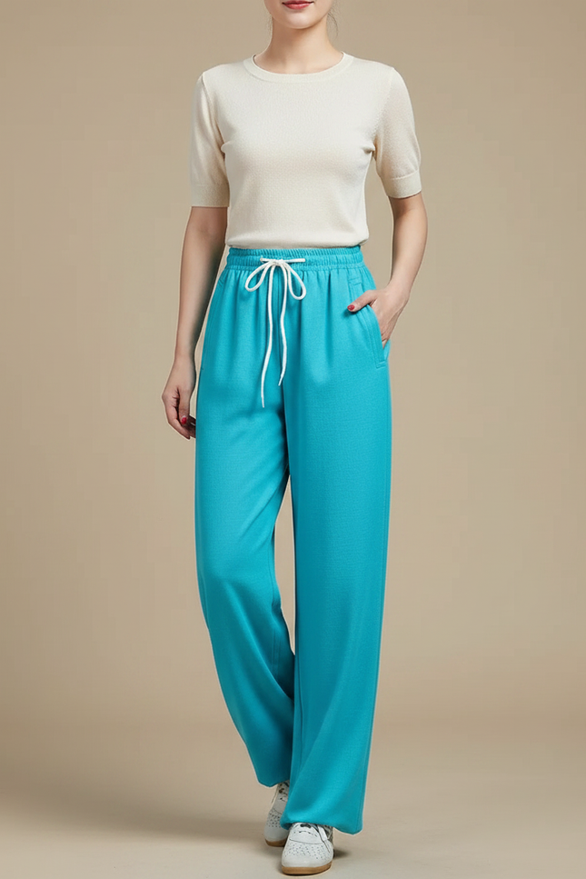 Pantalon Chinois Turquoise Ample Cordon Décontracté Femme - Bleu Polyester